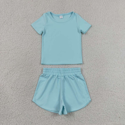 RTS NO MOQ yoga fabric cotton GSSO3762（GT1631+SS0898）Baby Girls Light Blue Short Sleeve Top Sport Shorts Sets