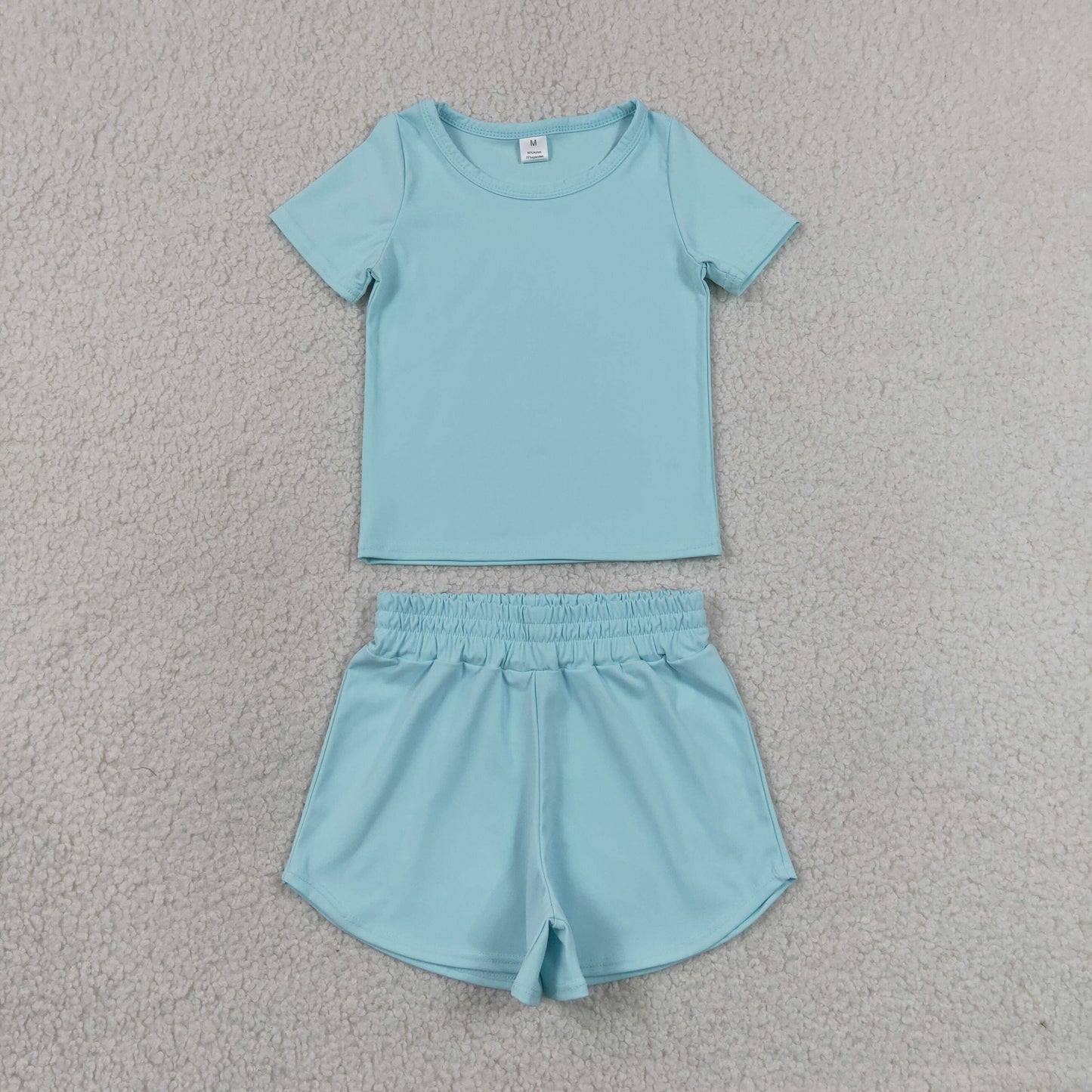 RTS NO MOQ Sibling yoga Baby Girls Blue Aqua Short Sleeve Yoga Active Top Shorts Set