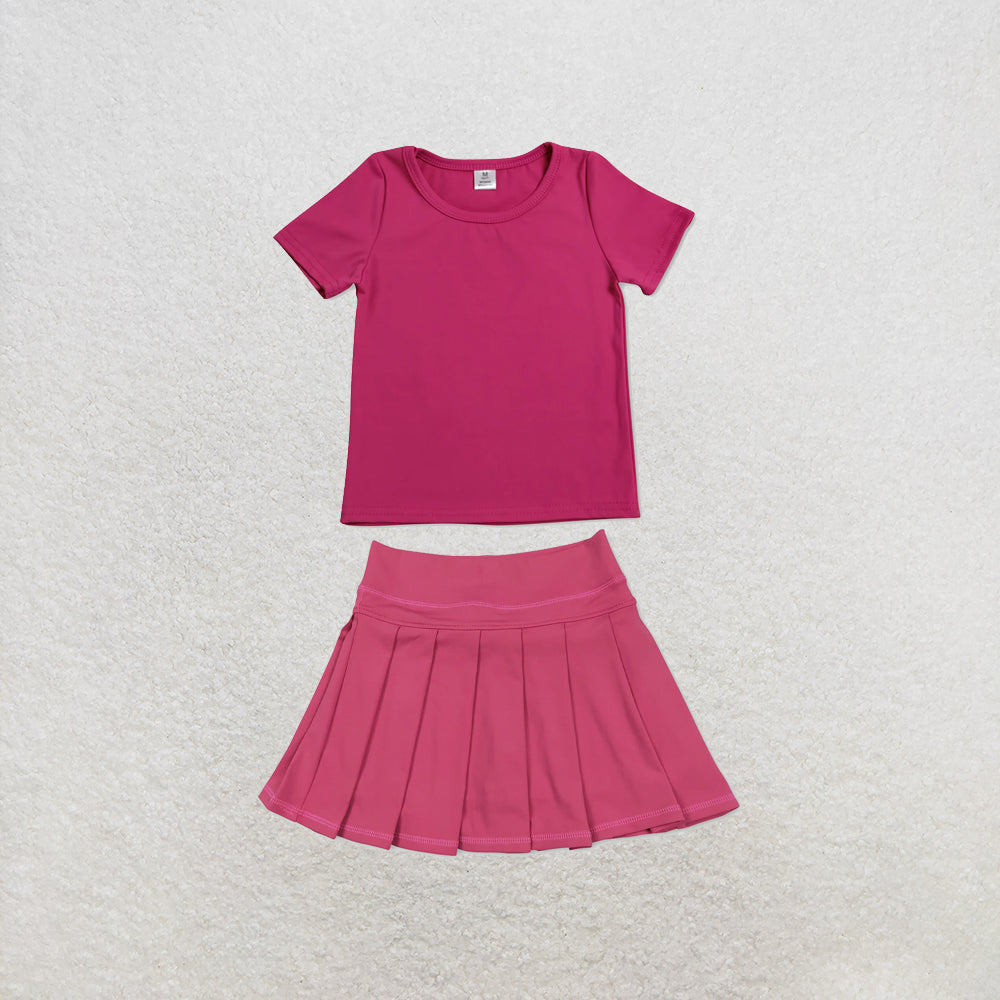 RTS NO MOQ Sibling yoga fabric Baby Girls Solid Color Short Sleeve Yoga T Shirt Top Yoga Active Wear Skirts Set