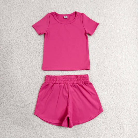 RTS NO MOQ yoga fabric cotton GSSO3764（GT1633+SS0900）Baby Girls Hot Pink Short Sleeve Sport Yoga Sets