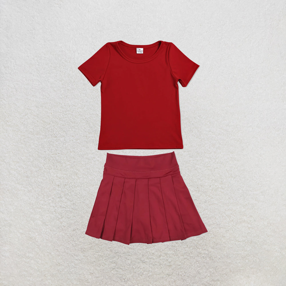 RTS NO MOQ Sibling yoga fabric Baby Girls Solid Color Short Sleeve Yoga T Shirt Top Yoga Active Wear Skirts Set