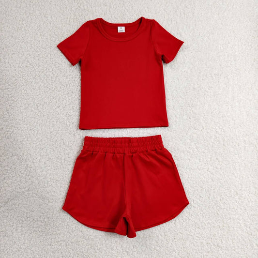 RTS NO MOQ yoga fabric cotton GSSO3765（GT1634+SS0901）Baby Girls Red Short Sleeve Shorts Yoga Clothes Sets