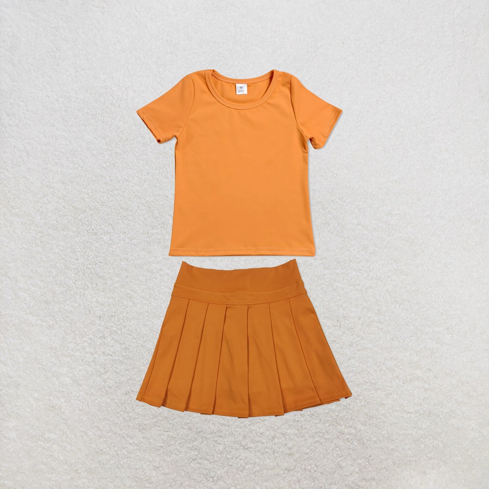 RTS NO MOQ Sibling yoga fabric Baby Girls Solid Color Short Sleeve Yoga T Shirt Top Yoga Active Wear Skirts Set