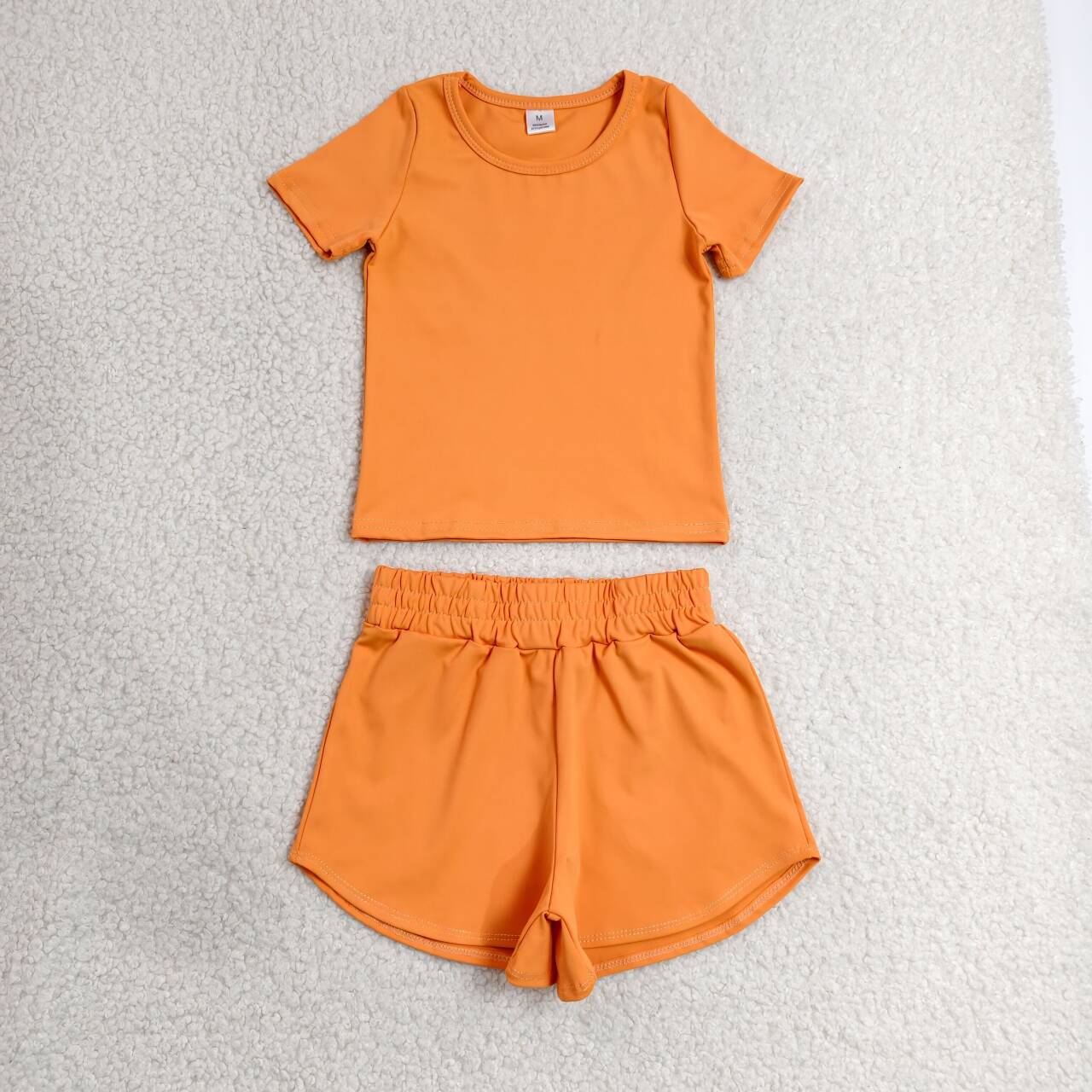 RTS NO MOQ yoga fabric cotton GSSO3766（GT1635+SS0902）Baby Girls Orange Short Sleeve Summer Sport Short Yoga Wear Sets