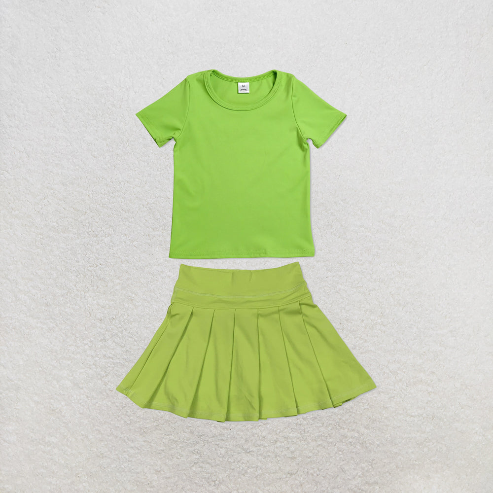 RTS NO MOQ Sibling yoga fabric Baby Girls Solid Color Short Sleeve Yoga T Shirt Top Yoga Active Wear Skirts Set