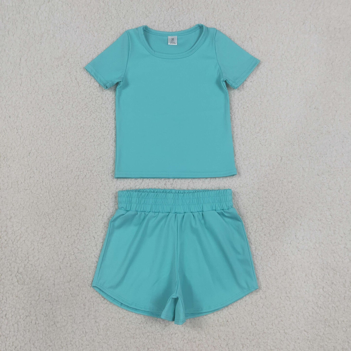 RTS NO MOQ yoga fabric cotton GSSO3768 (GT1637+SS0904) Yoga Baby Girls Blue Short Sleeve Top Sport Shorts Kids Active Outfit