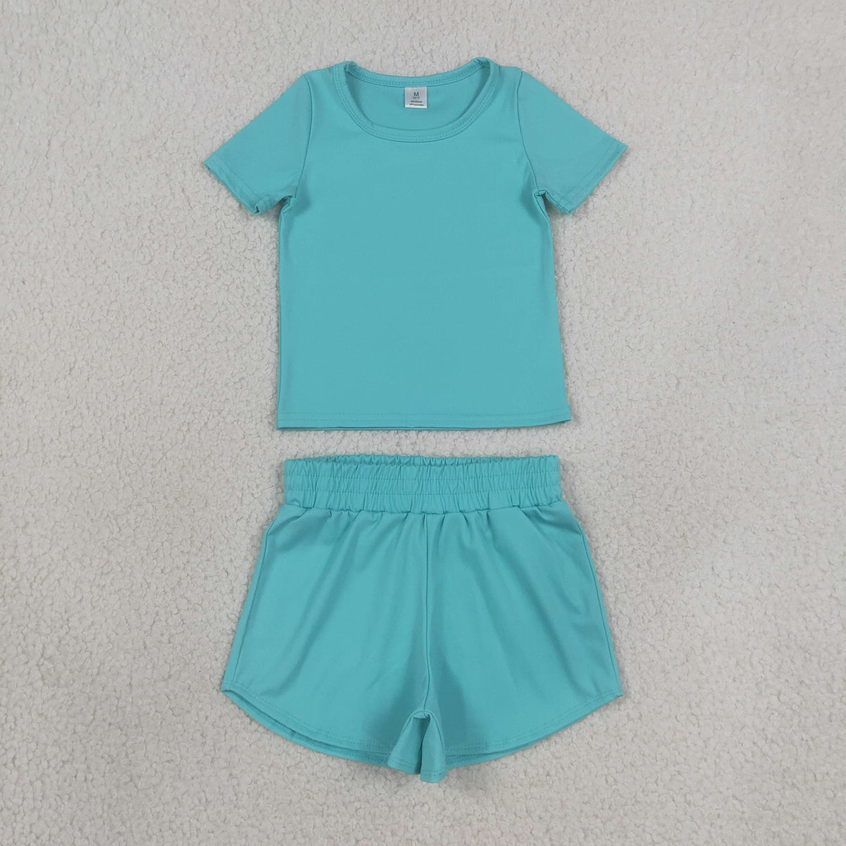 NEW RTS NO MOQ yoga fabric cotton GSSO3768 (GT1637+SS0904) Yoga Baby Girls Blue Short Sleeve Top Sport Shorts Kids Active Outfit