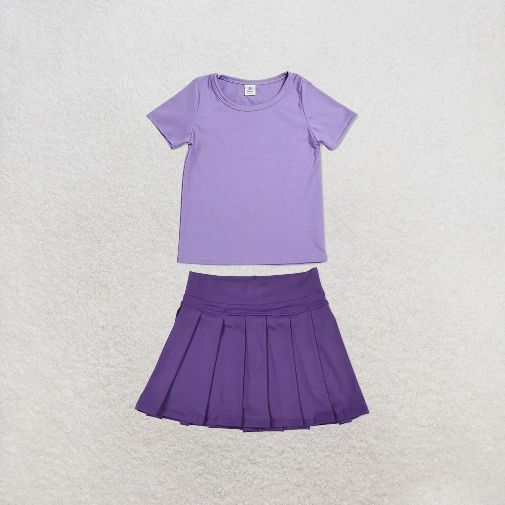RTS NO MOQ Sibling yoga fabric Baby Girls Solid Color Short Sleeve Yoga T Shirt Top Yoga Active Wear Skirts Set