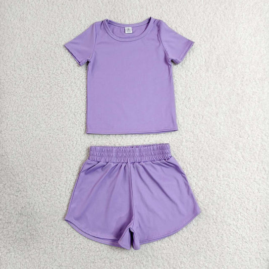 RTS NO MOQ yoga fabric cotton GSSO3769（GT1638+SS0905）Baby Girls Summer Purple Short Sleeve Sport Short Yoga Wear Sets