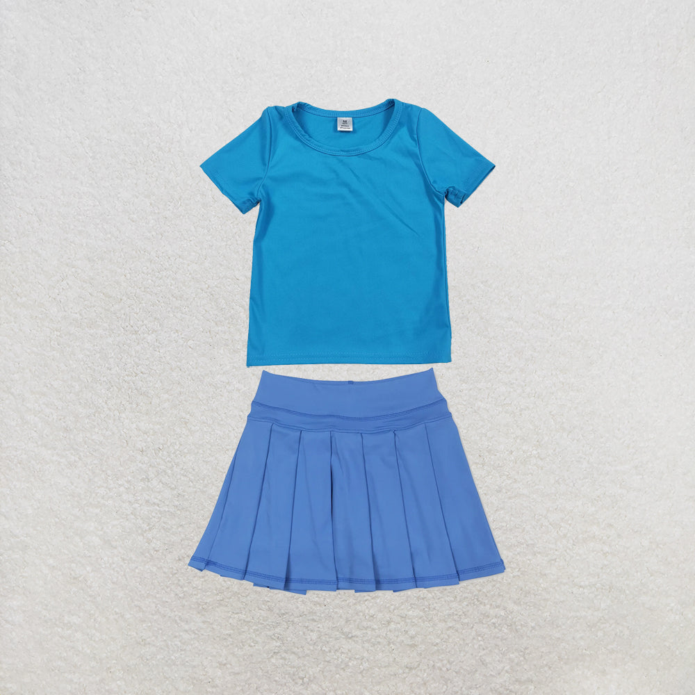 RTS NO MOQ Sibling yoga fabric Baby Girls Solid Color Short Sleeve Yoga T Shirt Top Yoga Active Wear Skirts Set