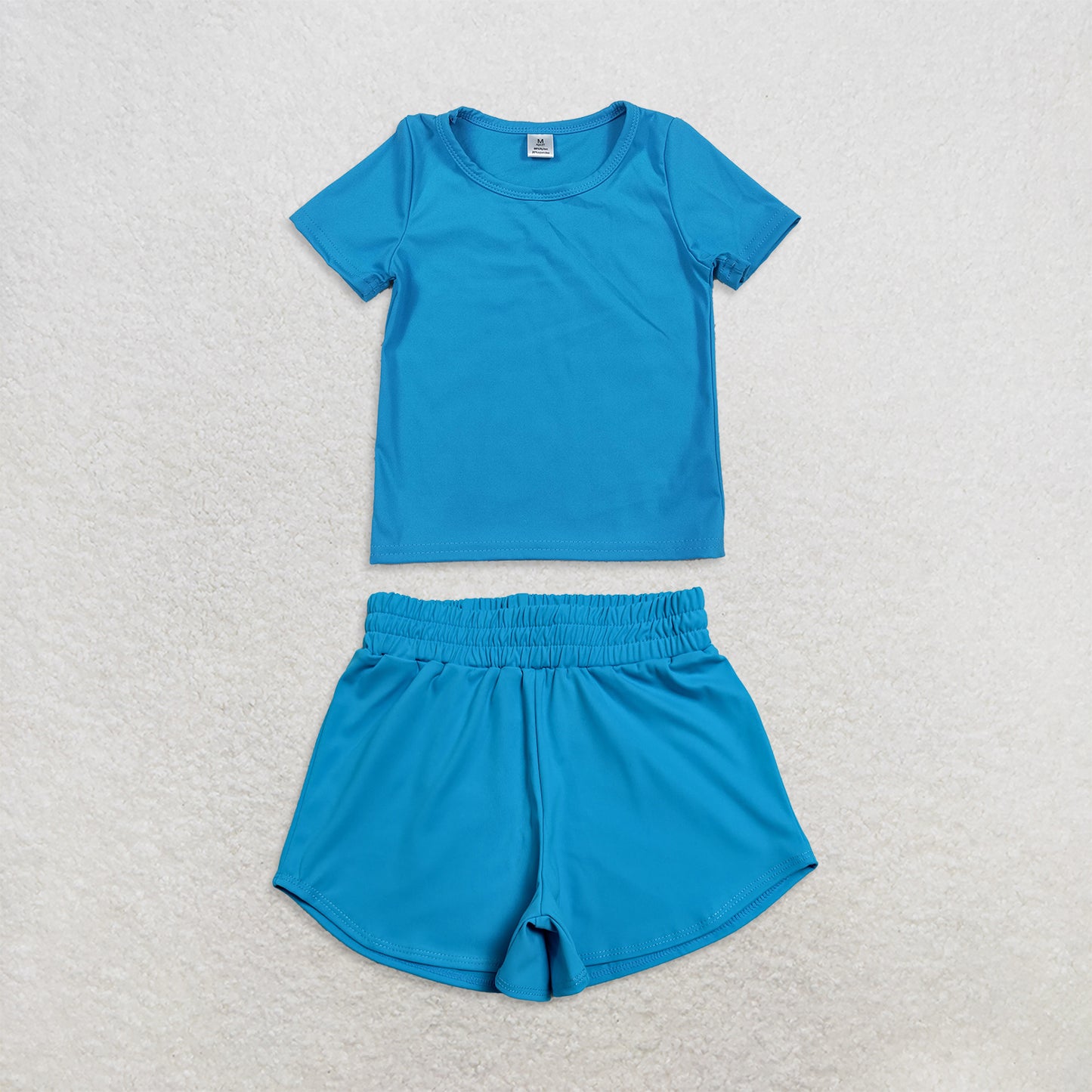 RTS NO MOQ Sibling yoga Baby Girls Blue Aqua Short Sleeve Yoga Active Top Shorts Set