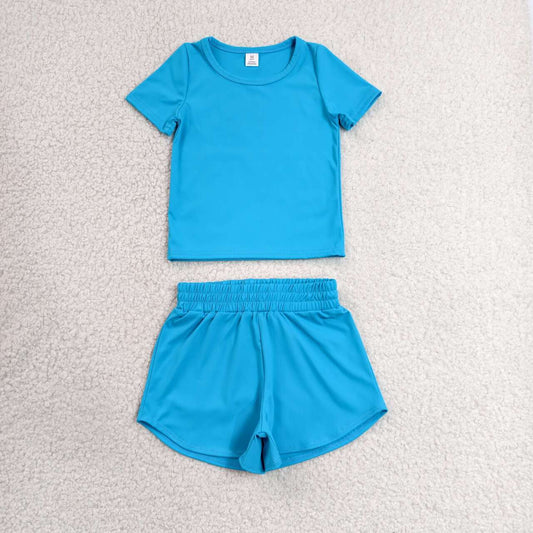 RTS NO MOQ yoga fabric cotton GSSO3770（GT1639+SS0906）Baby Girls Summer Blue Short Sleeve Sport Short Yoga Wear Sets