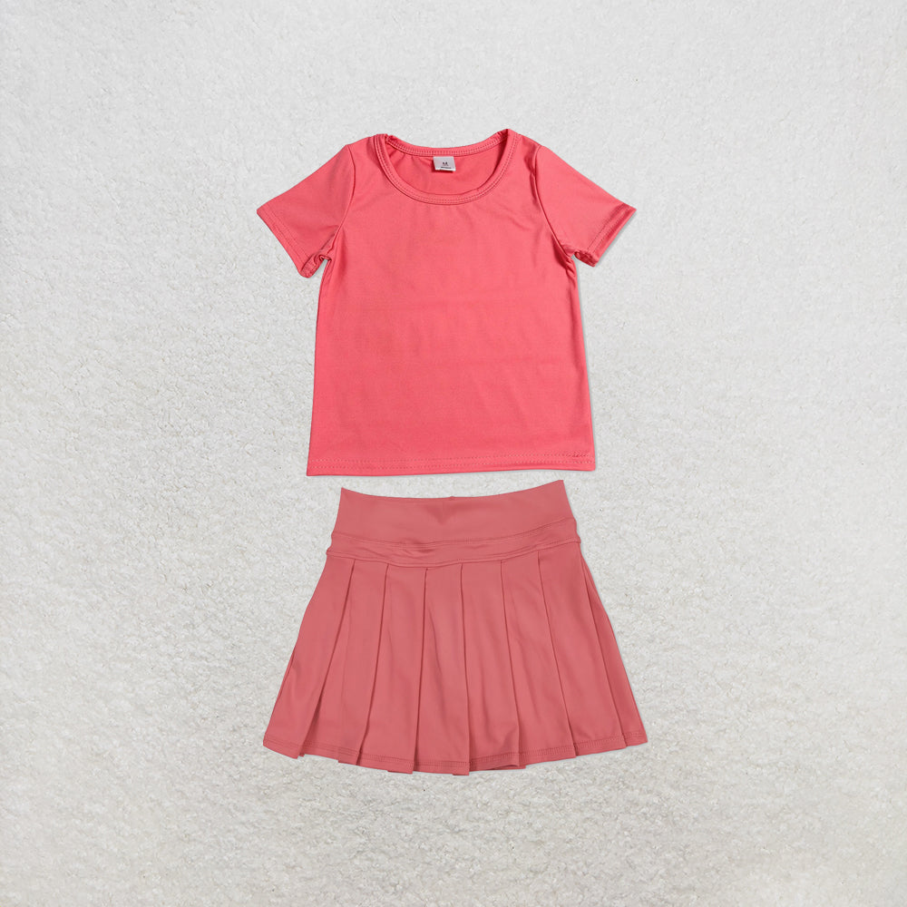 RTS NO MOQ Sibling yoga fabric Baby Girls Solid Color Short Sleeve Yoga T Shirt Top Yoga Active Wear Skirts Set