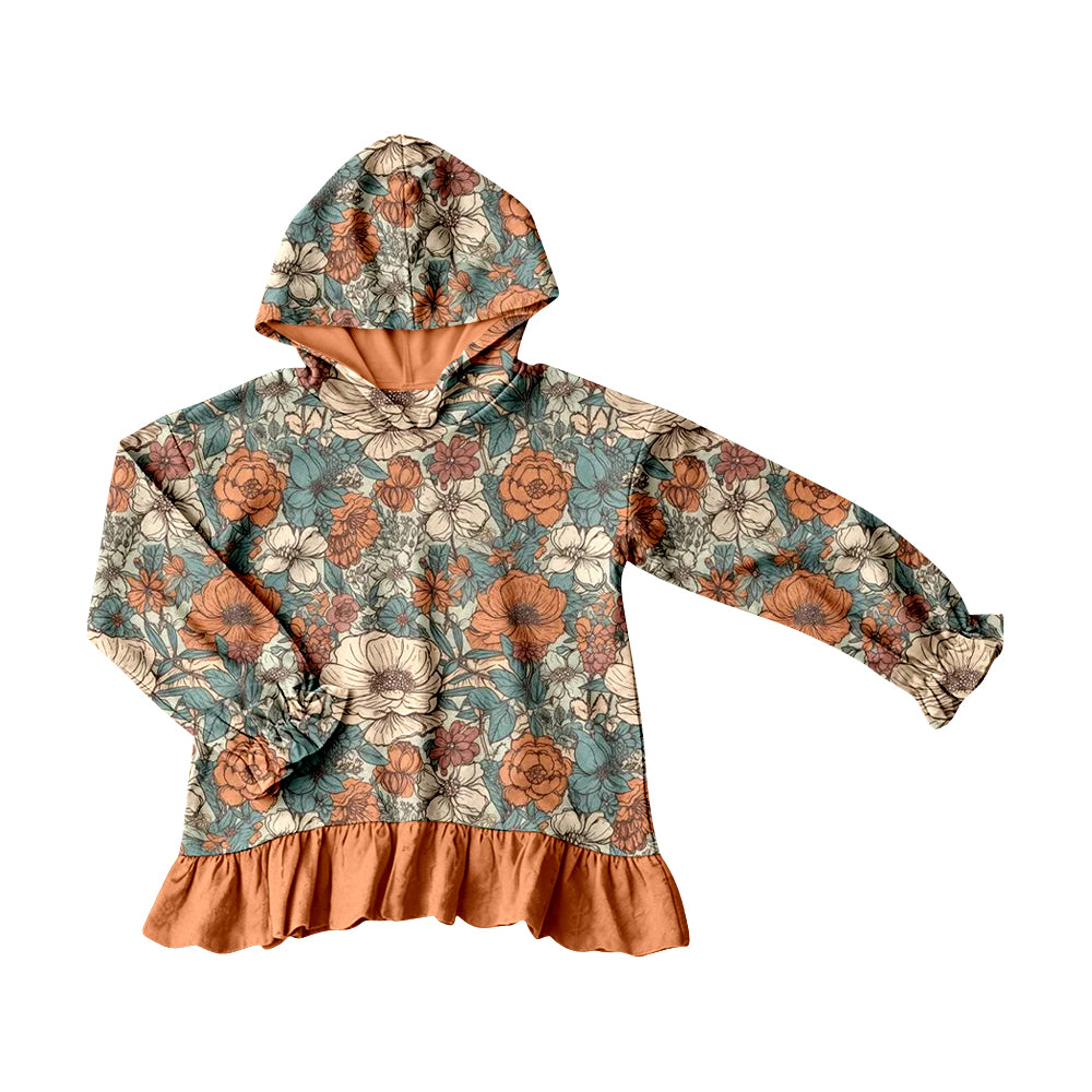 (Pre Order) No moq GT1643 Baby Girls Floral Ruffle Long Sleeve Hoodie Fall Daily Top