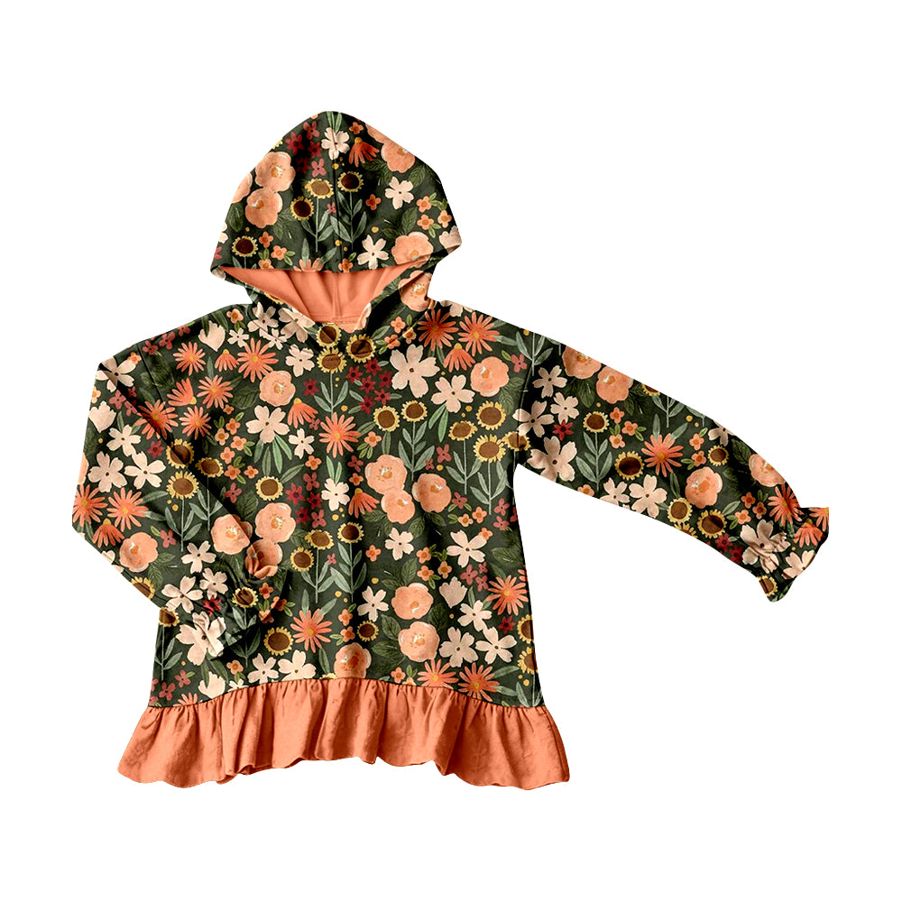 (Pre Order) No moq GT1644 Baby Girls Flower Print Ruffle Cuff Hooded Sweatshirt Casual Daily Top