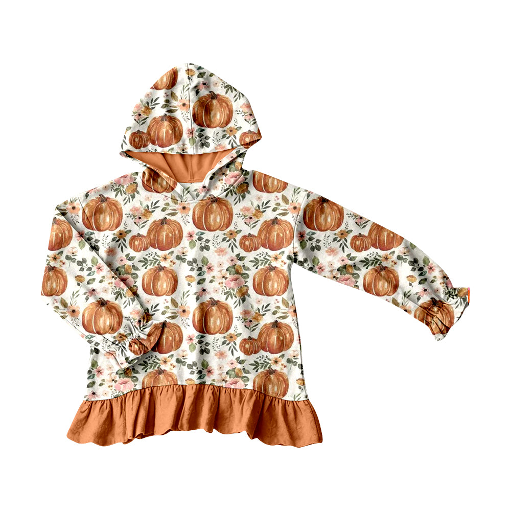 (Pre Order) No moq GT1647 Baby Girls Flower Pumpkin Ruffle Cuff Hooded Sweatshirt Casual Daily Top