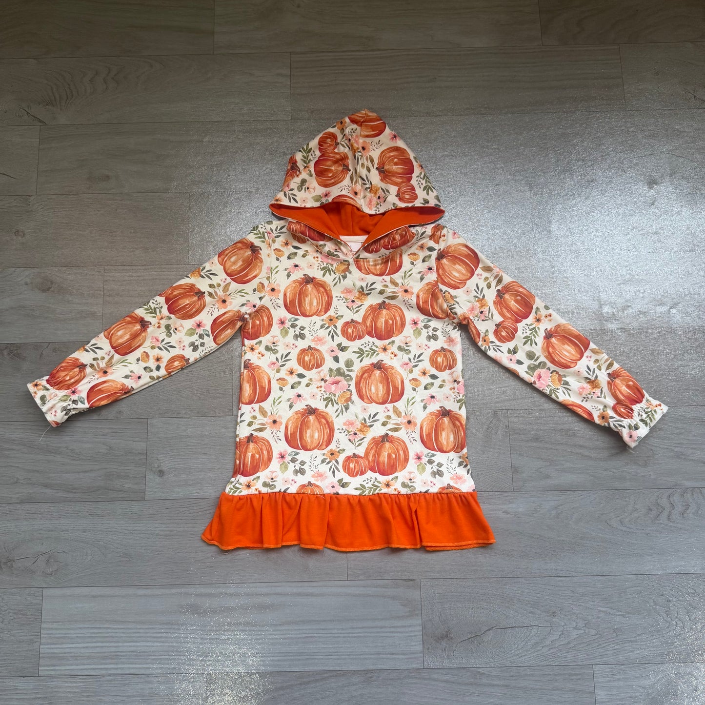 (Sample) No moq milk silk GT1647 Baby Girls Flower Pumpkin Ruffle Cuff Hooded Sweatshirt Casual Daily Top