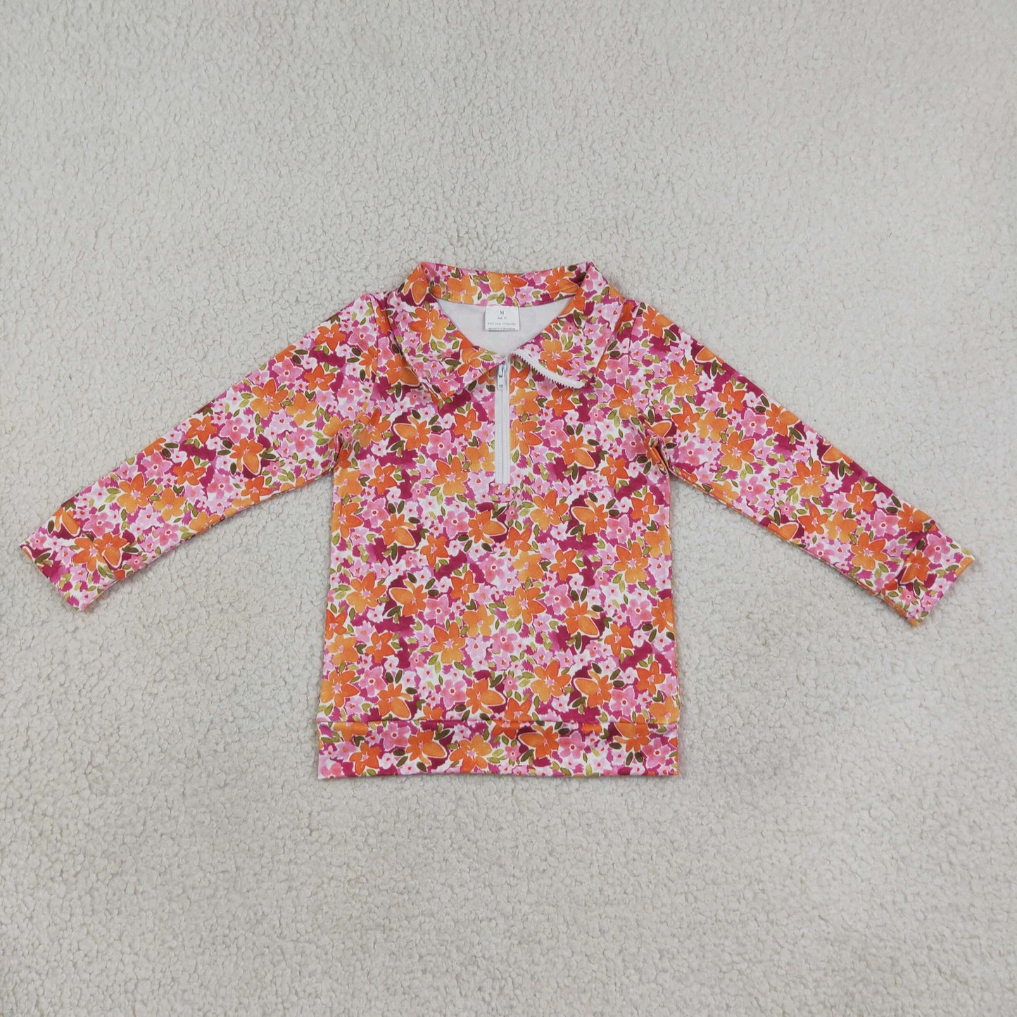 NEW RTS NO MOQ milk silk GT1652 Baby Girls Colorful Floral Print Long Sleeve Zip Pullover Top