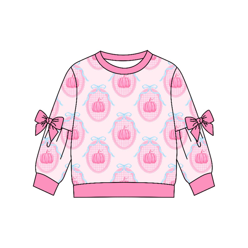 (Preorder new) No moq GT1657 Baby Girls Long Sleeve Pink Bows Pumpkins Checked Print Fall Casual T‑shirt Top