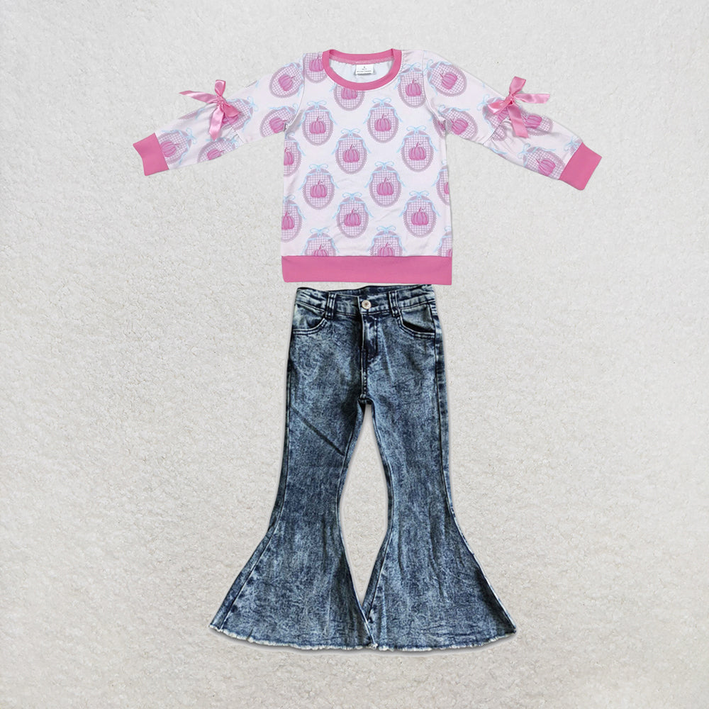 NEW RTS NO MOQ Denim GT1657+P0008 Baby Girls Pink Pumpkin Print Long Sleeve Bow Top And Denim Bell Bottom Set