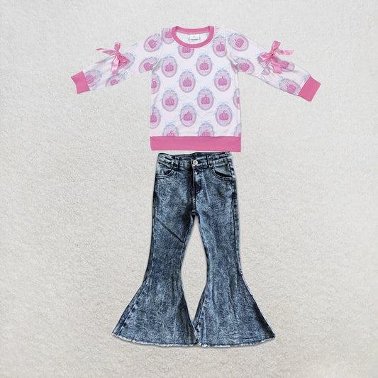 NEW RTS NO MOQ Denim GT1657+P0008 Baby Girls Pink Pumpkin Print Long Sleeve Bow Top And Denim Bell Bottom Set