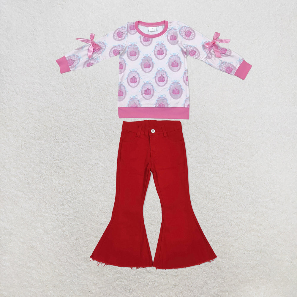 NEW RTS NO MOQ Denim GT1657+P0083 Baby Girls Pink Pumpkin Print Long Sleeve Bow Top And Red Denim Bell Jeans Pants Set