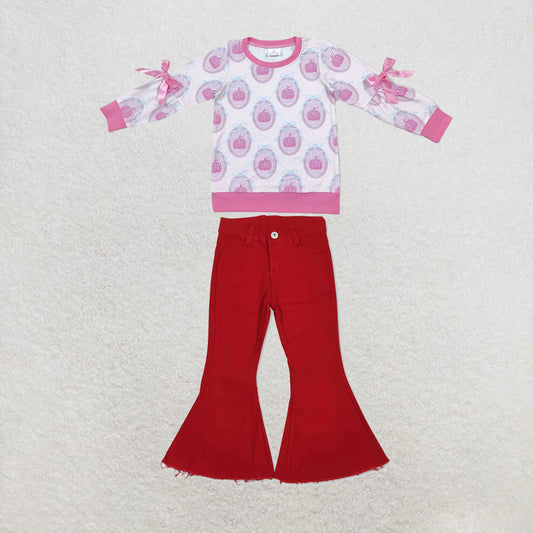 NEW RTS NO MOQ Denim GT1657+P0083 Baby Girls Pink Pumpkin Print Long Sleeve Bow Top And Red Denim Bell Jeans Pants Set