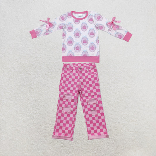NEW RTS NO MOQ Denim GT1657+P0096 Baby Girls Pink Pumpkin Print Long Sleeve Bow Top And Pink Check Denim Cool Pants Set