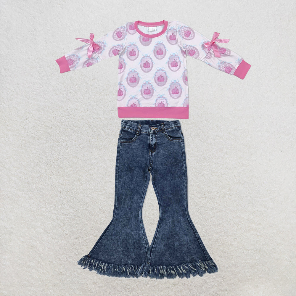 NEW RTS NO MOQ Denim GT1657+P0132 Baby Girls Pink Pumpkin Print Long Sleeve Bow Top And Navy Tassel Denim Bell Pants Set