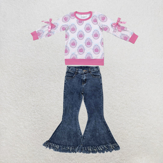 NEW RTS NO MOQ Denim GT1657+P0132 Baby Girls Pink Pumpkin Print Long Sleeve Bow Top And Navy Tassel Denim Bell Pants Set
