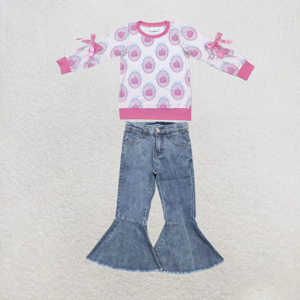 NEW RTS NO MOQ Denim GT1657+P0325 Baby Girls Pink Pumpkin Print Long Sleeve Bow Top And Light Blue Pockets Bell Denim Flare Pants Jeans Set