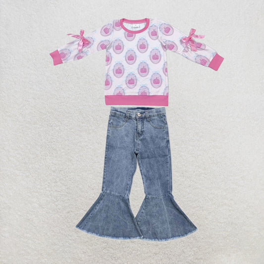 NEW RTS NO MOQ Denim GT1657+P0325 Baby Girls Pink Pumpkin Print Long Sleeve Bow Top And Light Blue Pockets Bell Denim Flare Pants Jeans Set