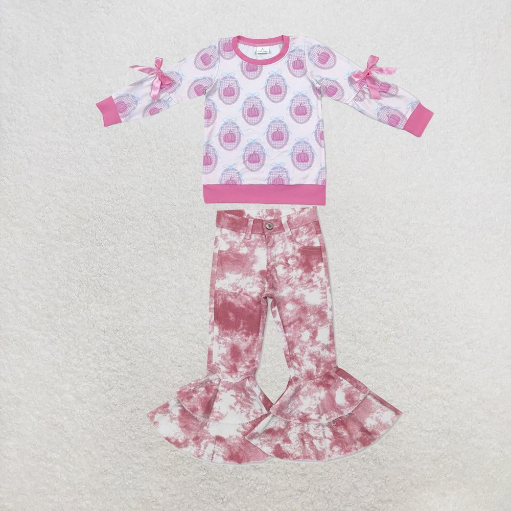 NEW RTS NO MOQ Denim GT1657+P0399 Baby Girls Pink Pumpkin Print Long Sleeve Bow Top And Pink Tie Dye Double Ruffle Bell Flare Denim Pants Set