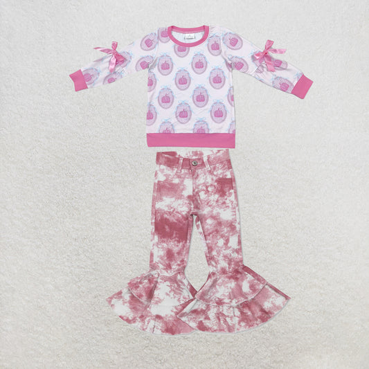 NEW RTS NO MOQ Denim GT1657+P0399 Baby Girls Pink Pumpkin Print Long Sleeve Bow Top And Pink Tie Dye Double Ruffle Bell Flare Denim Pants Set