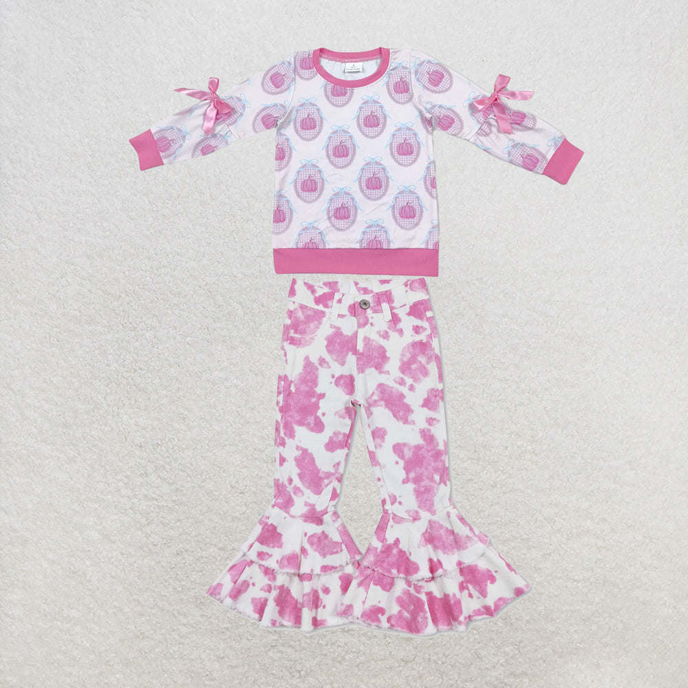 NEW RTS NO MOQ Denim GT1657+P0406 Baby Girls Pink Pumpkin Print Long Sleeve Bow Top Pink Cow Double Ruffle Bell Flare Denim Pants Set