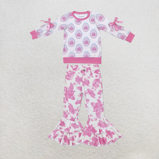 NEW RTS NO MOQ Denim GT1657+P0406 Baby Girls Pink Pumpkin Print Long Sleeve Bow Top Pink Cow Double Ruffle Bell Flare Denim Pants Set