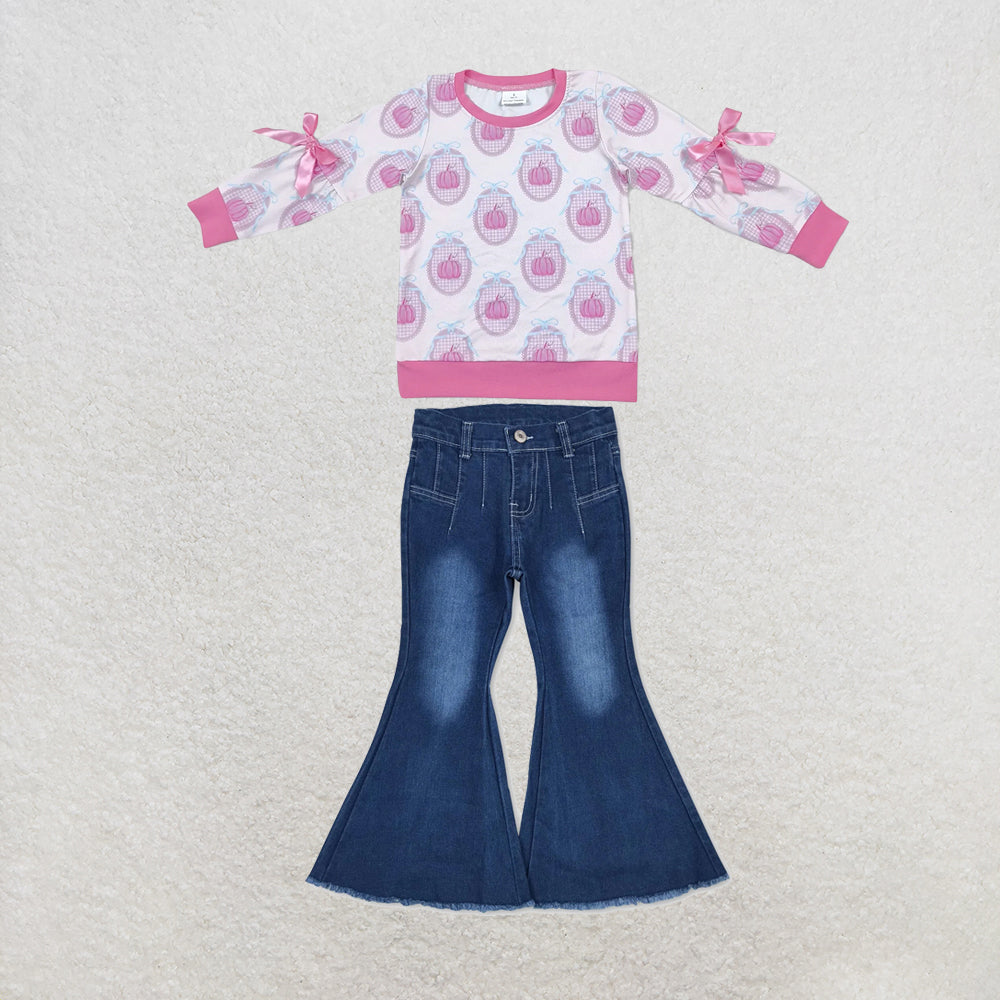 NEW RTS NO MOQ Denim GT1657+P0457 Baby Girls Pink Pumpkin Print Long Sleeve Bow Top Navy Bell Flare Denim Pants Set