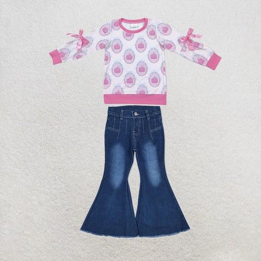 NEW RTS NO MOQ Denim GT1657+P0457 Baby Girls Pink Pumpkin Print Long Sleeve Bow Top Navy Bell Flare Denim Pants Set