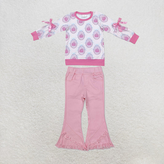 NEW RTS NO MOQ Denim GT1657+P0463 Baby Girls Pink Pumpkin Print Long Sleeve Bow Top Pink Fringe Ruffle Denim Jeans Set