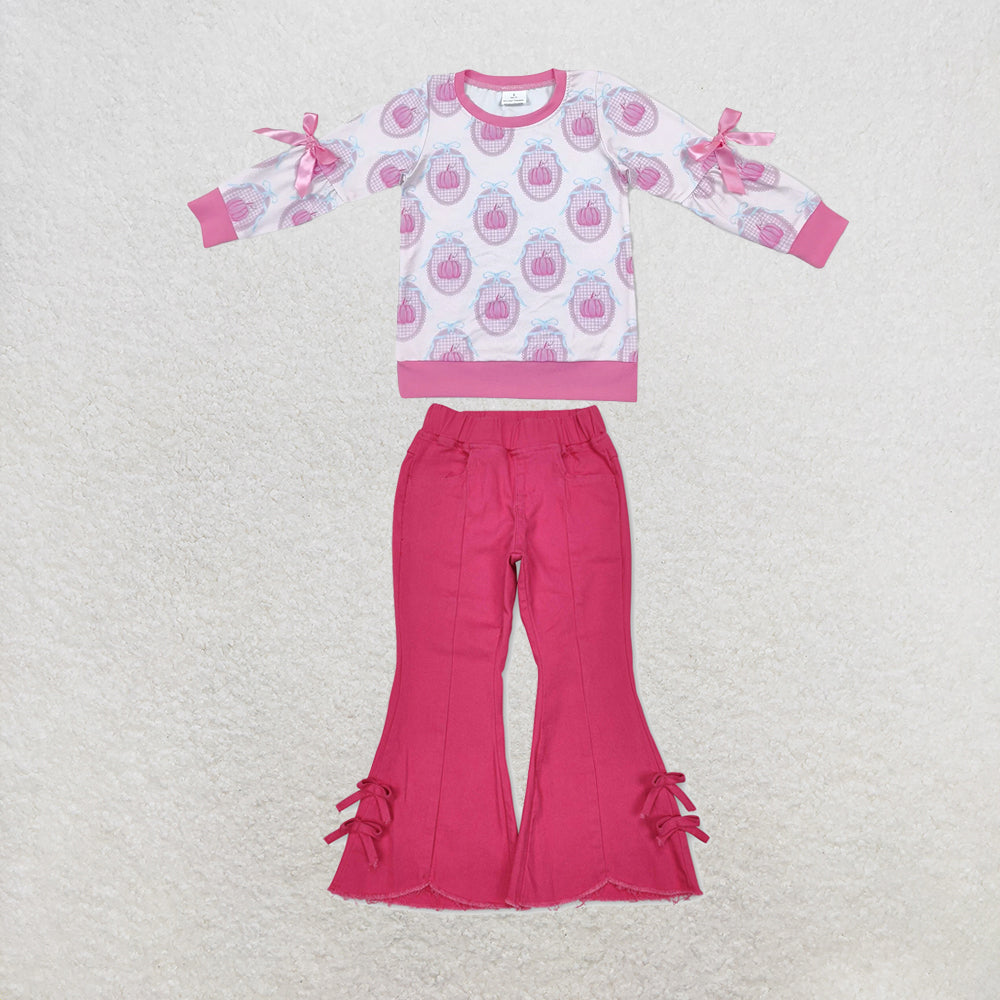 NEW RTS NO MOQ Denim GT1657+P0731 Baby Girls Pink Pumpkin Print Long Sleeve Bow Top Pink Bows Denim Flare Pants Jeans Set