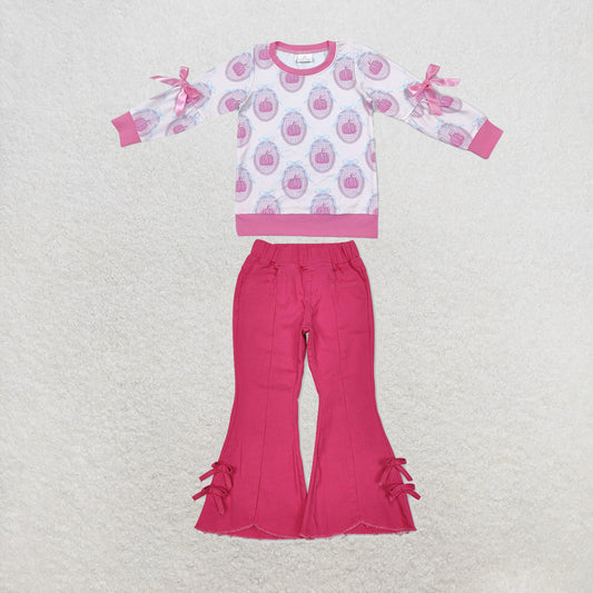 NEW RTS NO MOQ Denim GT1657+P0731 Baby Girls Pink Pumpkin Print Long Sleeve Bow Top Pink Bows Denim Flare Pants Jeans Set