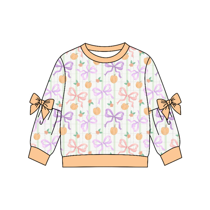 (Pre Order) No moq GT1658 Baby Girls Fall Checked Bows Pumpkins Long Sleeve T Shirt Top