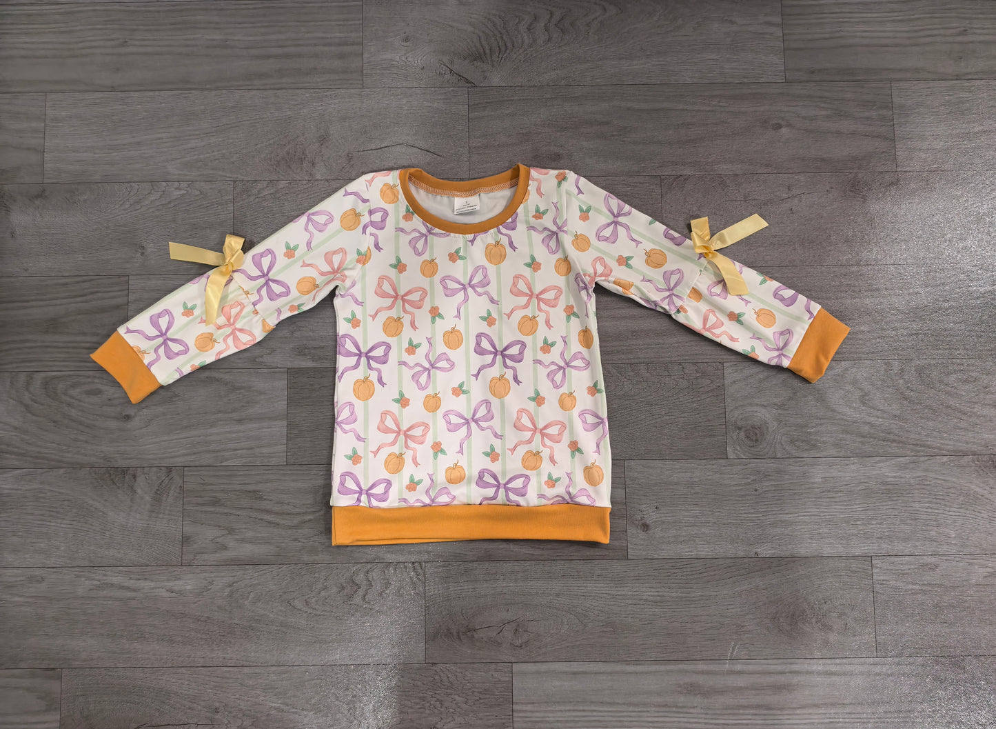 (Sample) No moq milk silk GT1658 Baby Girls Fall Checked Bows Pumpkins Long Sleeve T Shirt Top