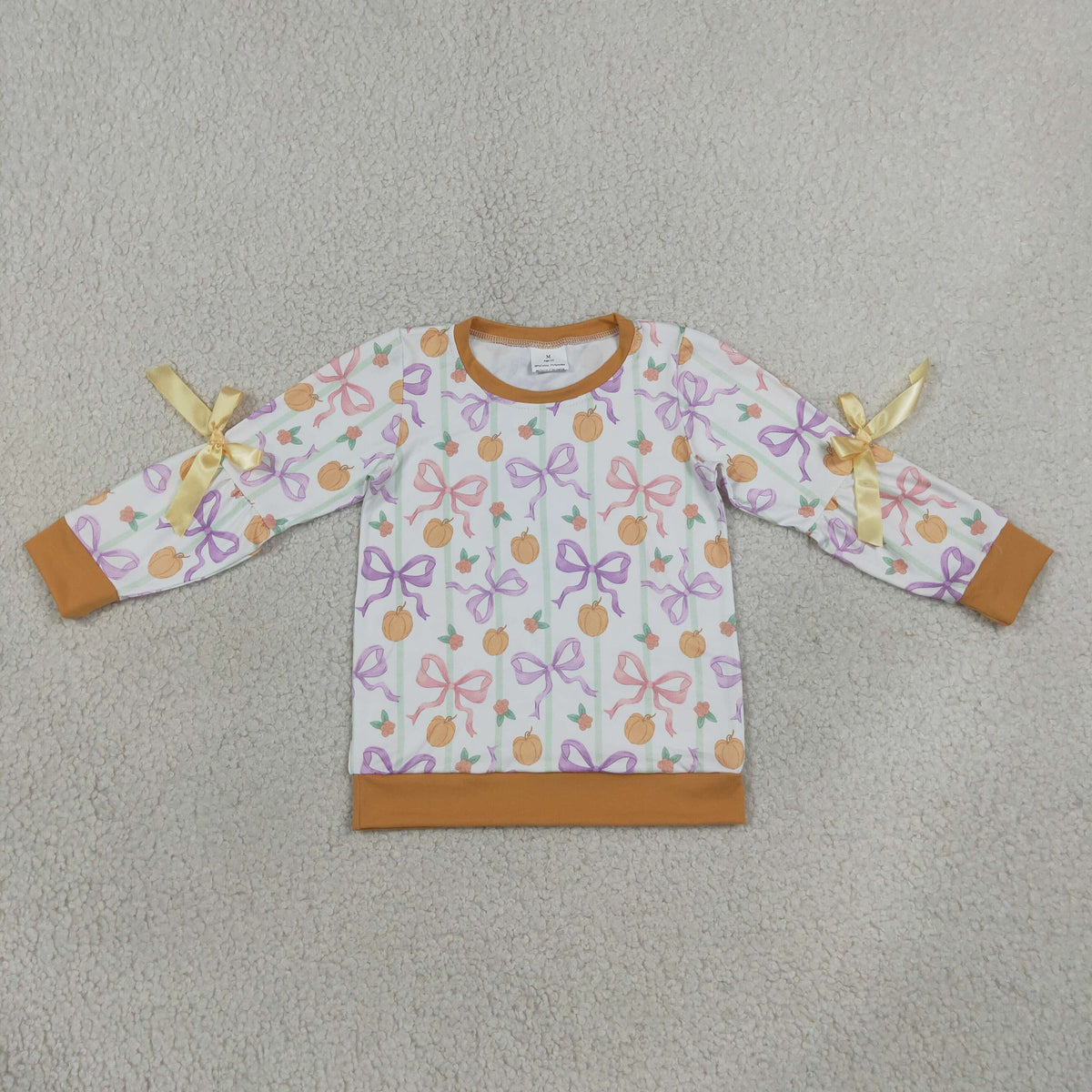RTS NO MOQ Sibling milk silk Baby Girls Pumpkin Floral Print Long Sleeve Top With Side Bow Ruffle Sleeve