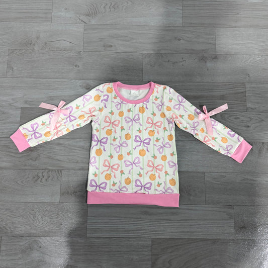 (Sample) No moq milk silk GT1658 Baby Girls Fall Checked Bows Pumpkins Long Sleeve T Shirt Top