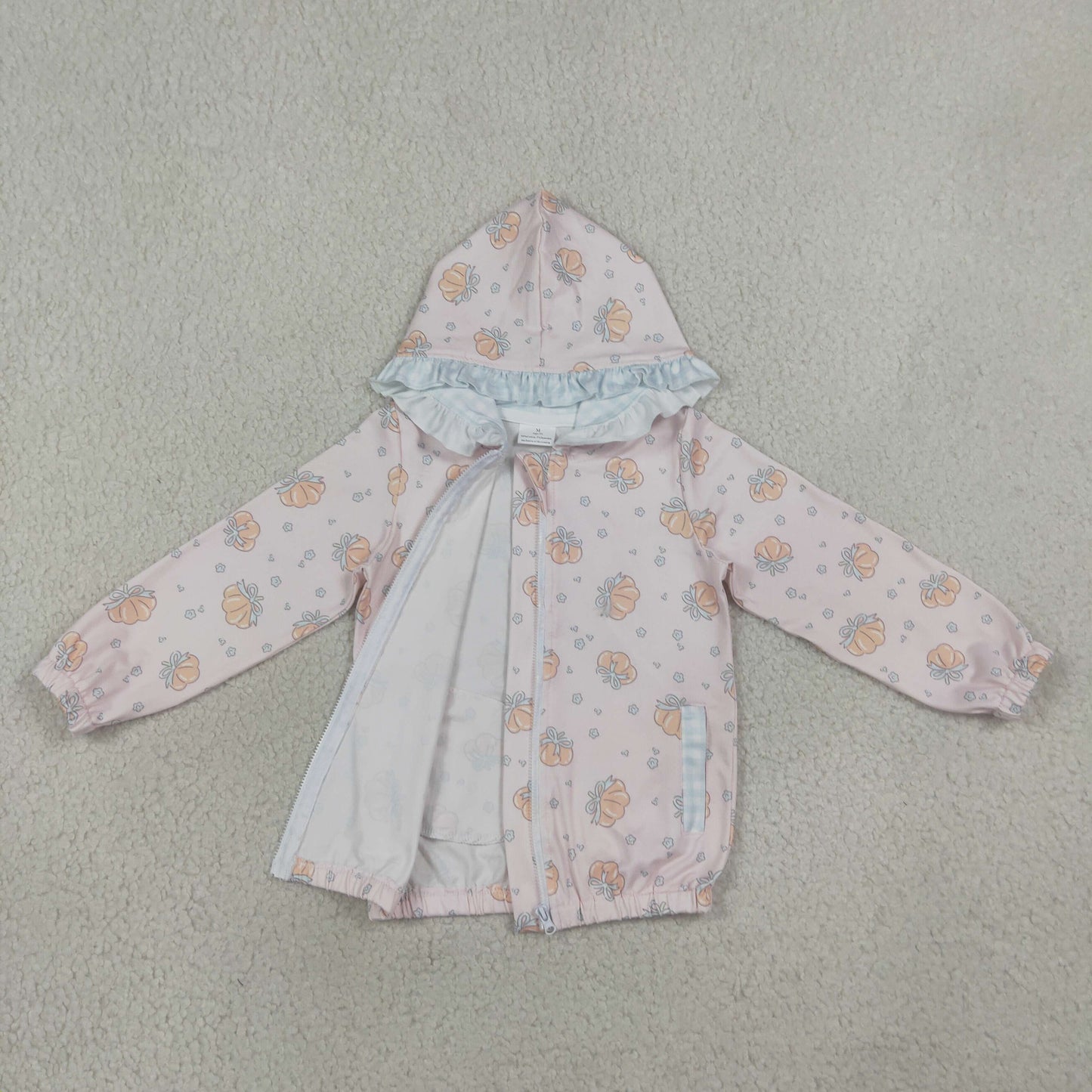 RTS NO MOQ milk silk GT1660 Baby Girls Long Sleeve Flowers Pumpkins Fall Zip Pockets Ruffle Hoodies Jackets Top