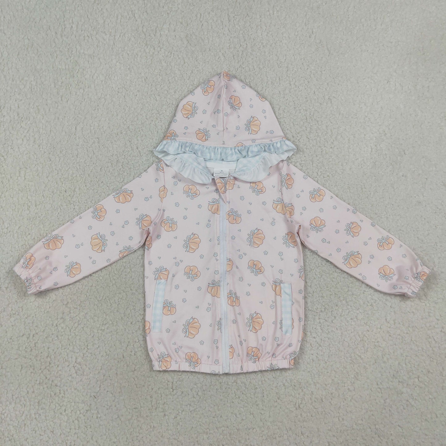 RTS NO MOQ milk silk GT1660 Baby Girls Long Sleeve Flowers Pumpkins Fall Zip Pockets Ruffle Hoodies Jackets Top
