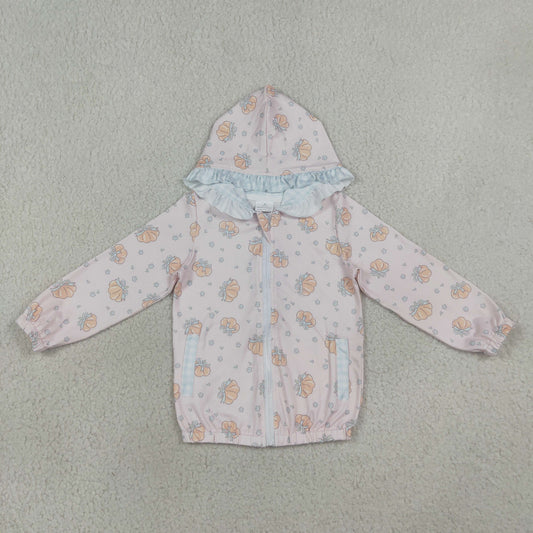 RTS NO MOQ milk silk GT1660 Baby Girls Long Sleeve Flowers Pumpkins Fall Zip Pockets Ruffle Hoodies Jackets Top