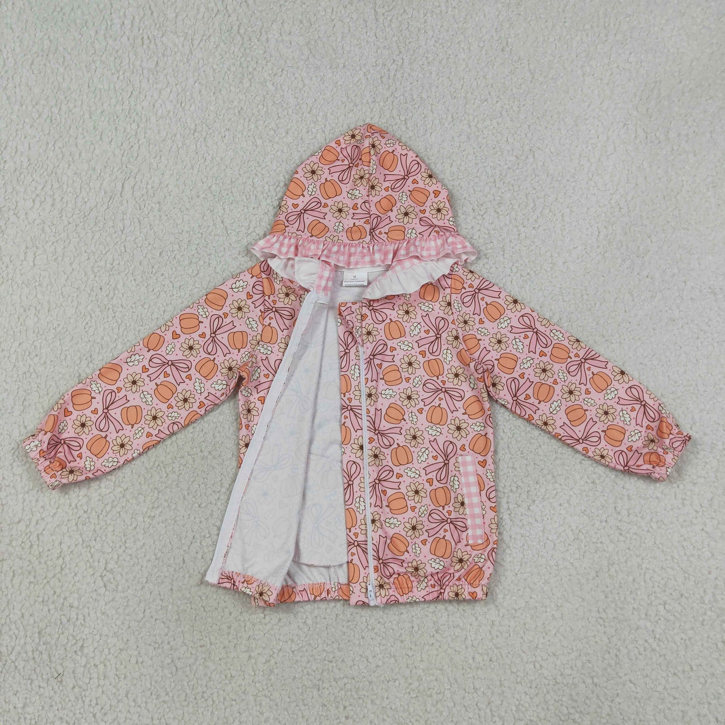 NEW RTS No moq milk silk GT1661 Baby Girls Flowers Bow Pumpkins Fall Zip Pockets Ruffle Hoodie Jackets Top