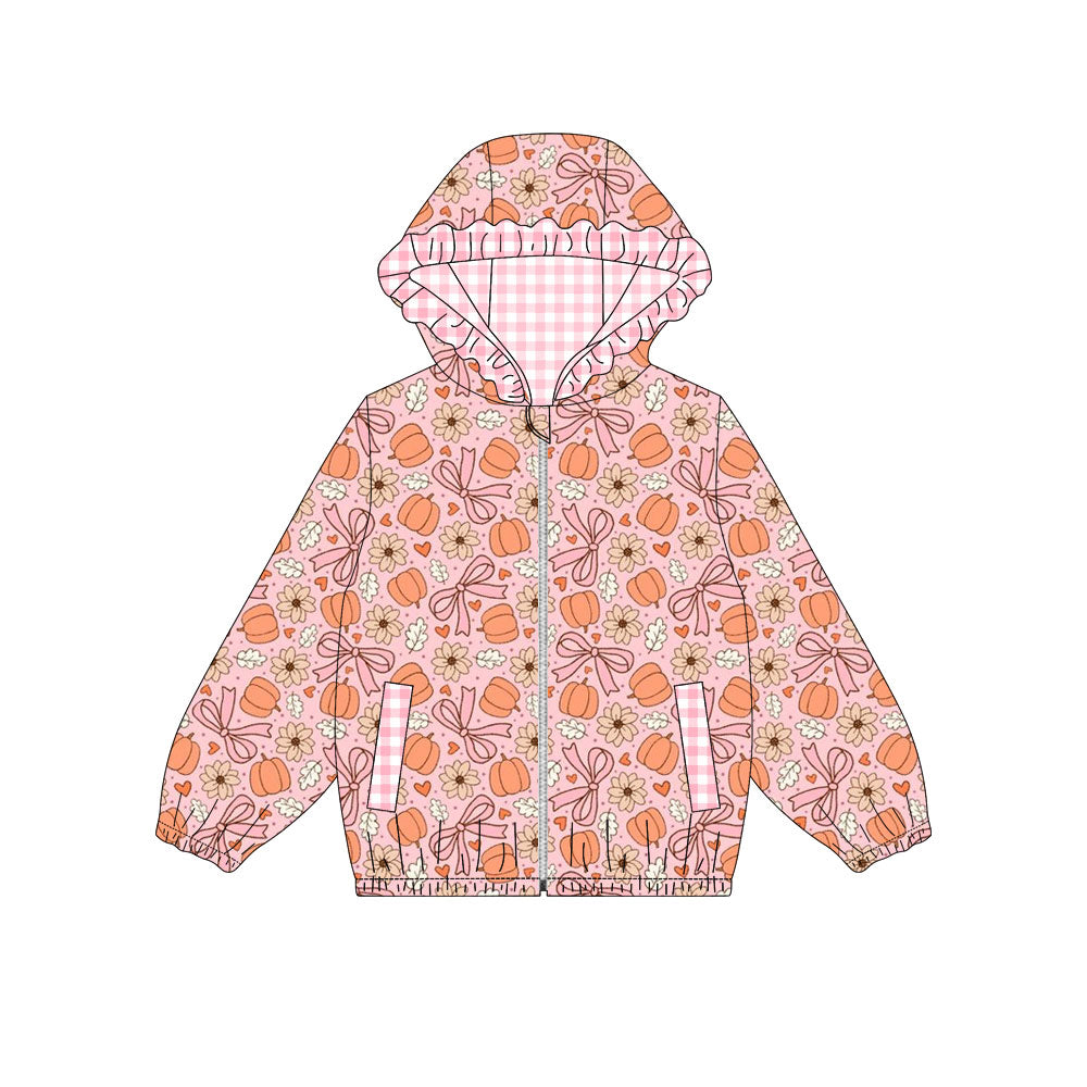 (Pre Order) No moq GT1661 Baby Girls Autumn Flower Bow Pumpkin Full Zip Side Pockets Hooded Sweatshirt Casual Top